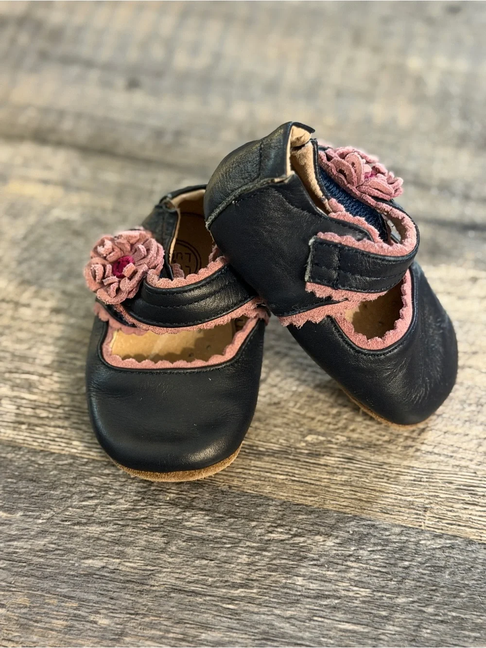 Livie & Luca Black Mary Jane Baby Shoes with Pink Trim and Flower